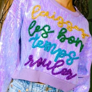 Sparkly Laissez Les Bon Temps Rouler Full Sequin Purple Crew Neck Top Sz XL